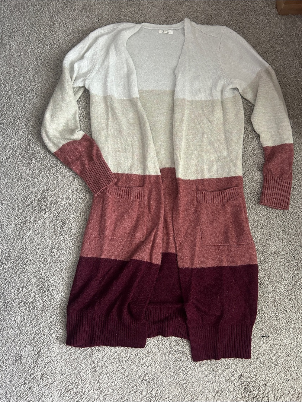 Maurices Colorblock Open-Front Cardigan in Cream, Rose, and Burgundy